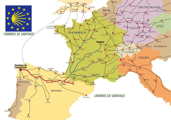 Overzicht van de historische routes door West-Europa, met de 4 klassieke wegen (blauw) door Frankrijk en de Camino (rood) in Spanje. Bron: http://nl.wikipedia.org/wiki/Pelgrimsroute_naar_Santiago_de_Compostela